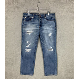 American Eagle Jeans Womens 12 Blue Denim Boy Crop Distressed Cotton Button Fly